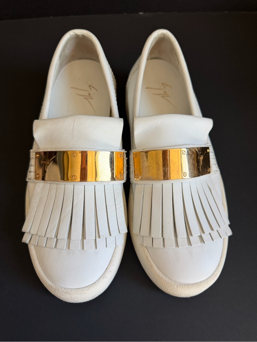 Giuseppe Zanotti White Leather Fringe Loafers with Gold Plate